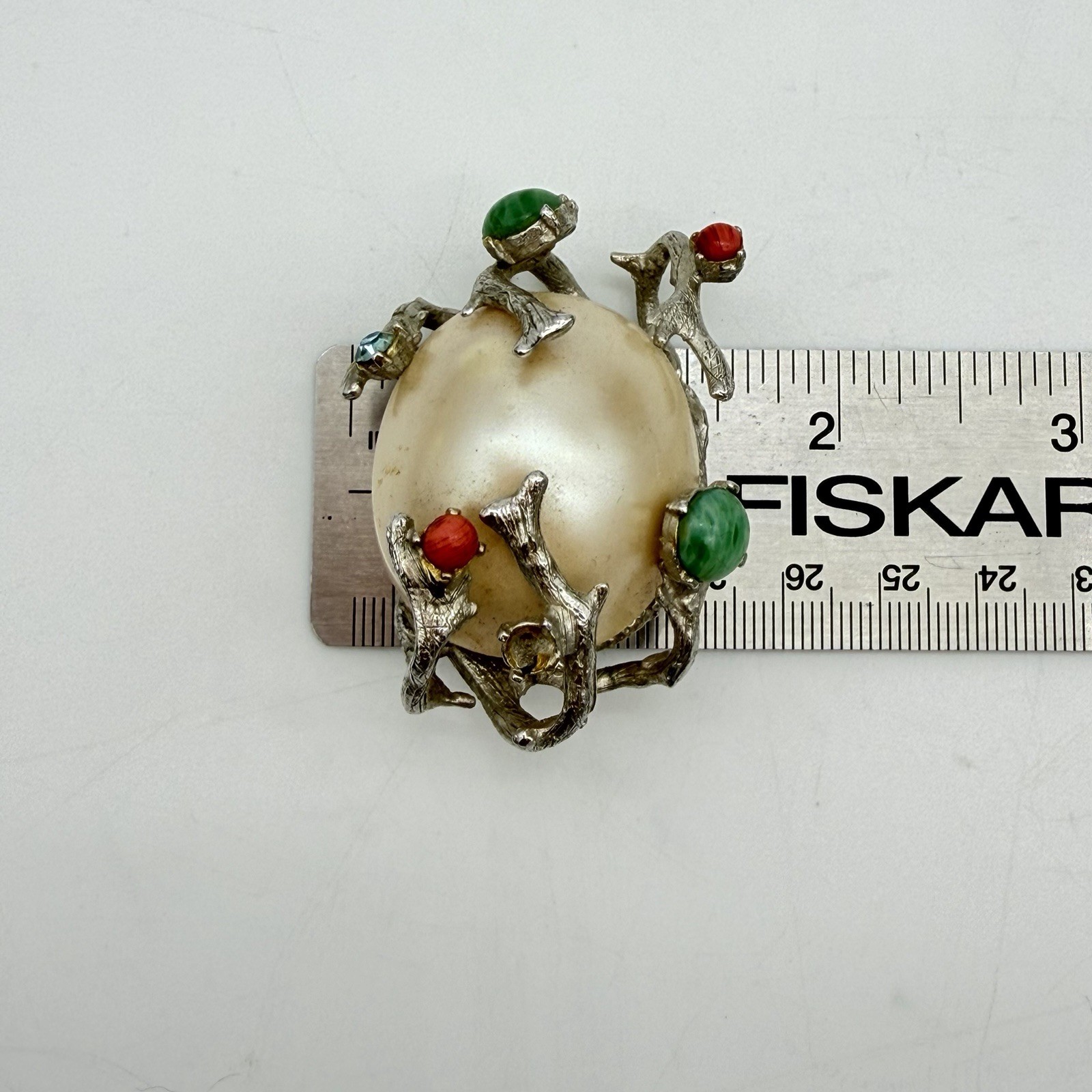 Vtg Huge Faux Pearl Pin Brooch Green Coral Cabochon Branches Rare Estate Read