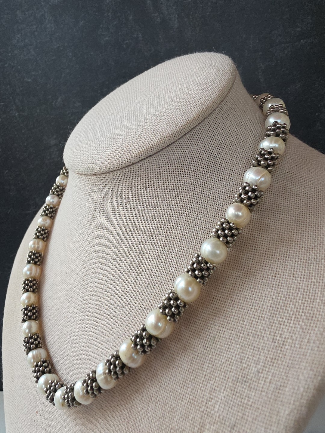 Real Pearl Silver Tone Metal Beaded Necklace Toggle Closure Vintage