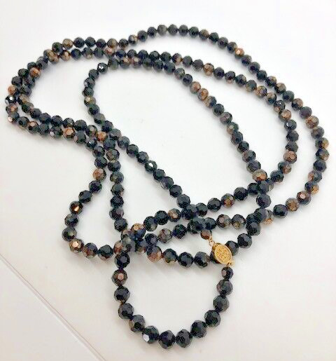 Czech Glass Fire Polished Faceted Jet Black Glass Bead Opera Length Necklace