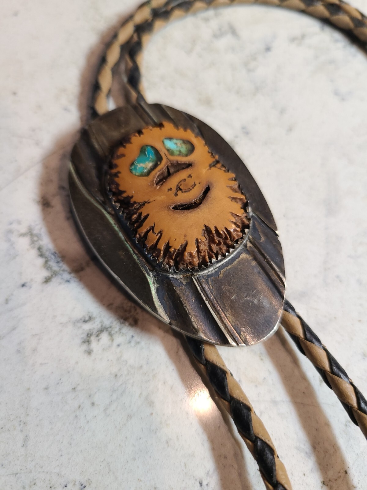 Native American Bolo Tie AMAZING DETAIL Metal and Nut Shell Turquoise Eyes EUC