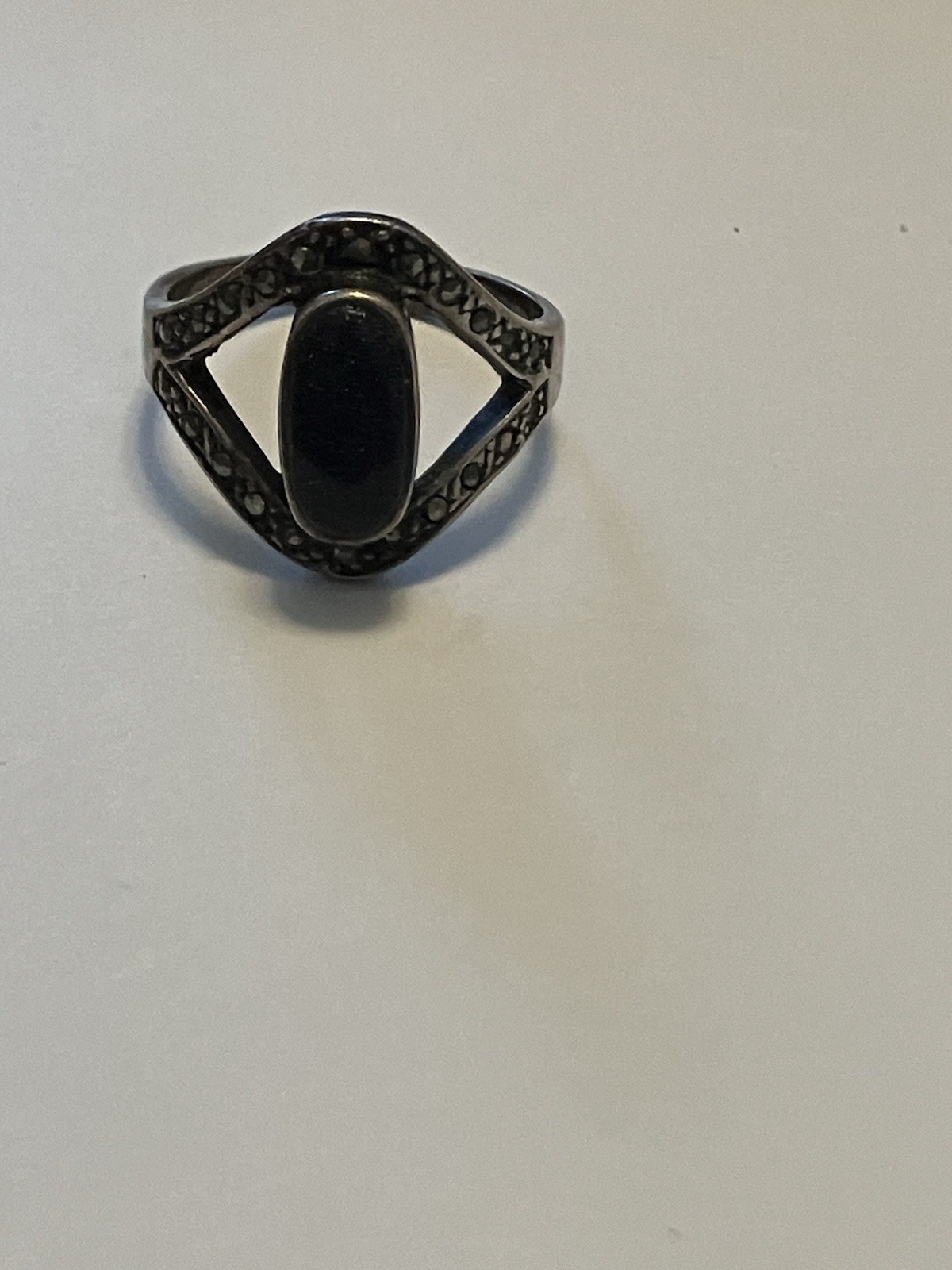 Sterling Silver Ring Marcasite 925 size 7, Black Sparkle center Art Deco 1980s
