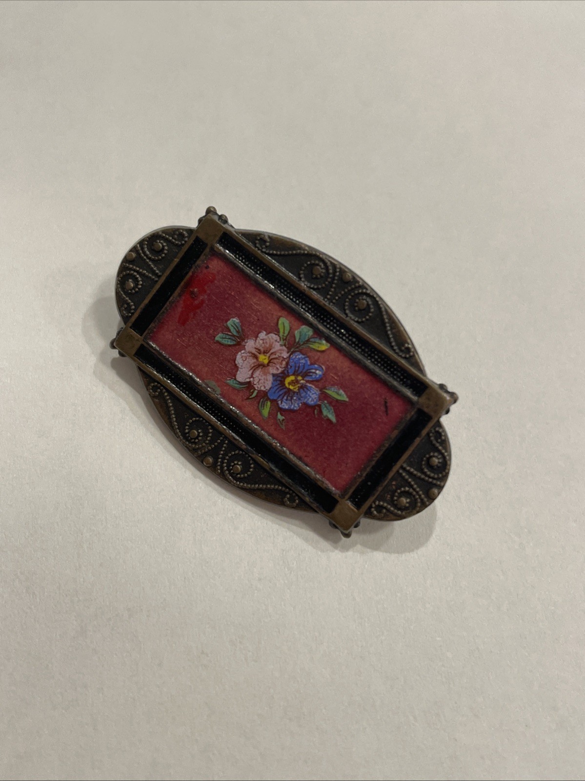 Vintage Enamel Floral Pin with Red Background Safety Clasp