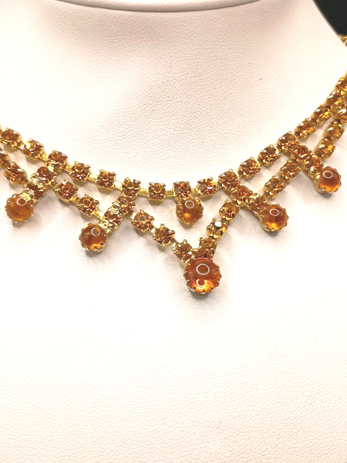 Victorian Revival Amber Color Rhinestone Necklace Regal Collar Gold Tone 16.5″