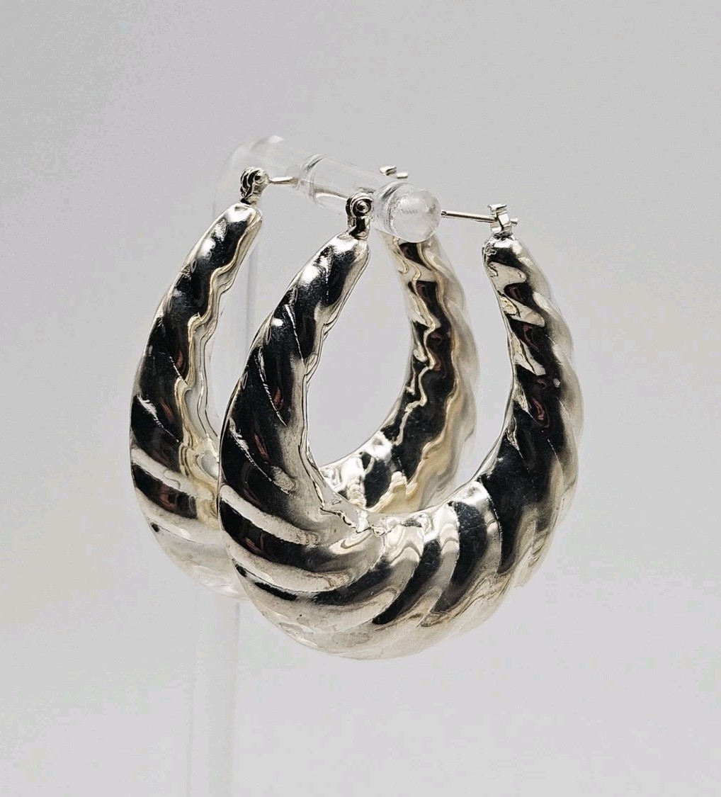 Sterling Silver Vintage Scalloped Puff Hoop Earrings 39mm Unidentified Mark