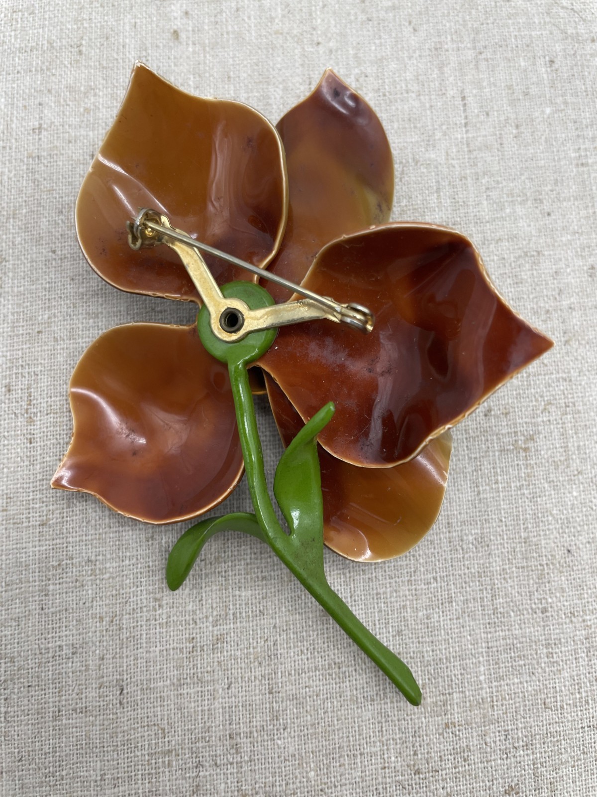 Vintage Enamel Flower Brooch Large Dimensional Fall Colors Caramel Brown
