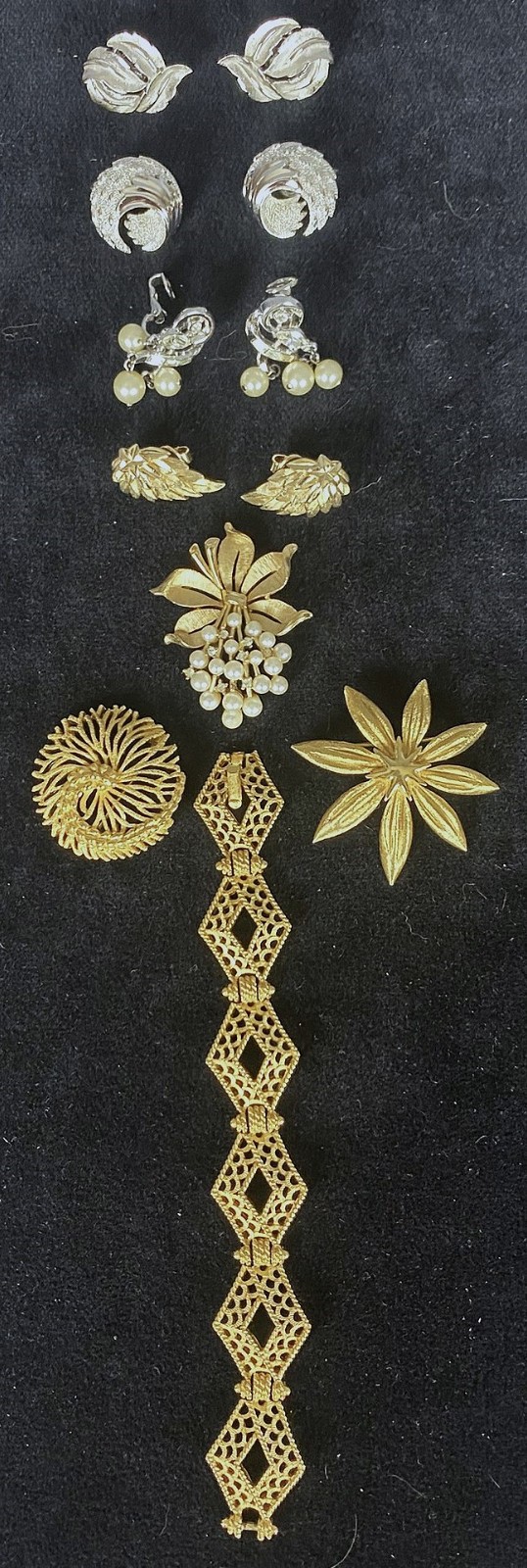 Vintage Signed Crown Trifari Jewelry, Bracelet, 3 Broochs, 4 Pair Clip Earrings