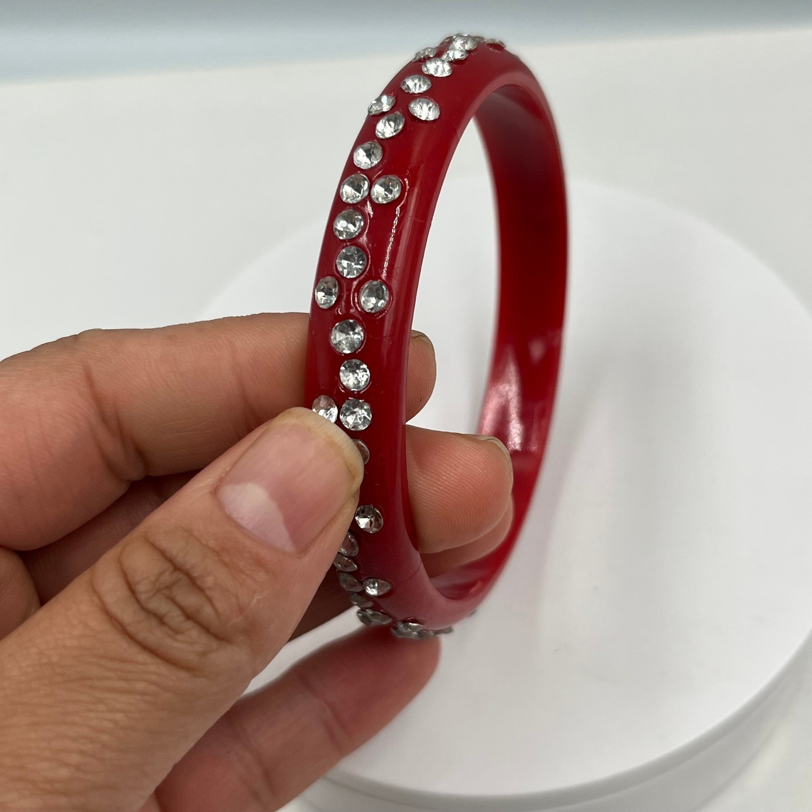 Vintage Red Lucite Style Rhinestone Bangle Bracelet Curved Accent Statement