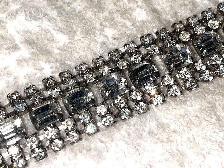 Vintage Emerald Cut and Round Rhinestone Bracelet, Five Row, Unsigned
