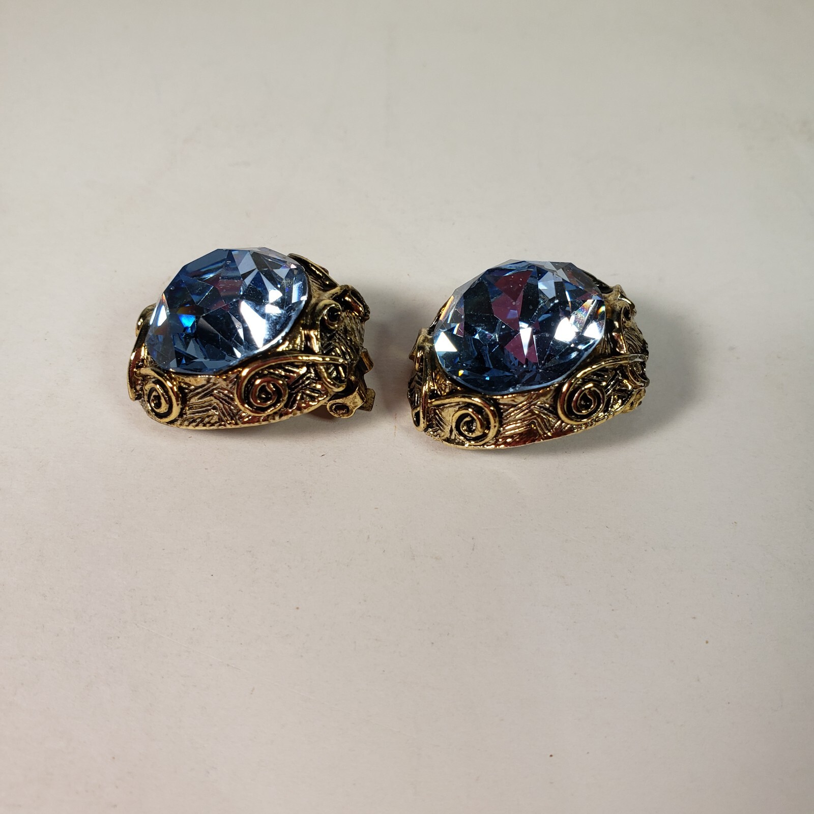 Vintage Light Blue Stone In Gold Like Setting.Clip On Earrings