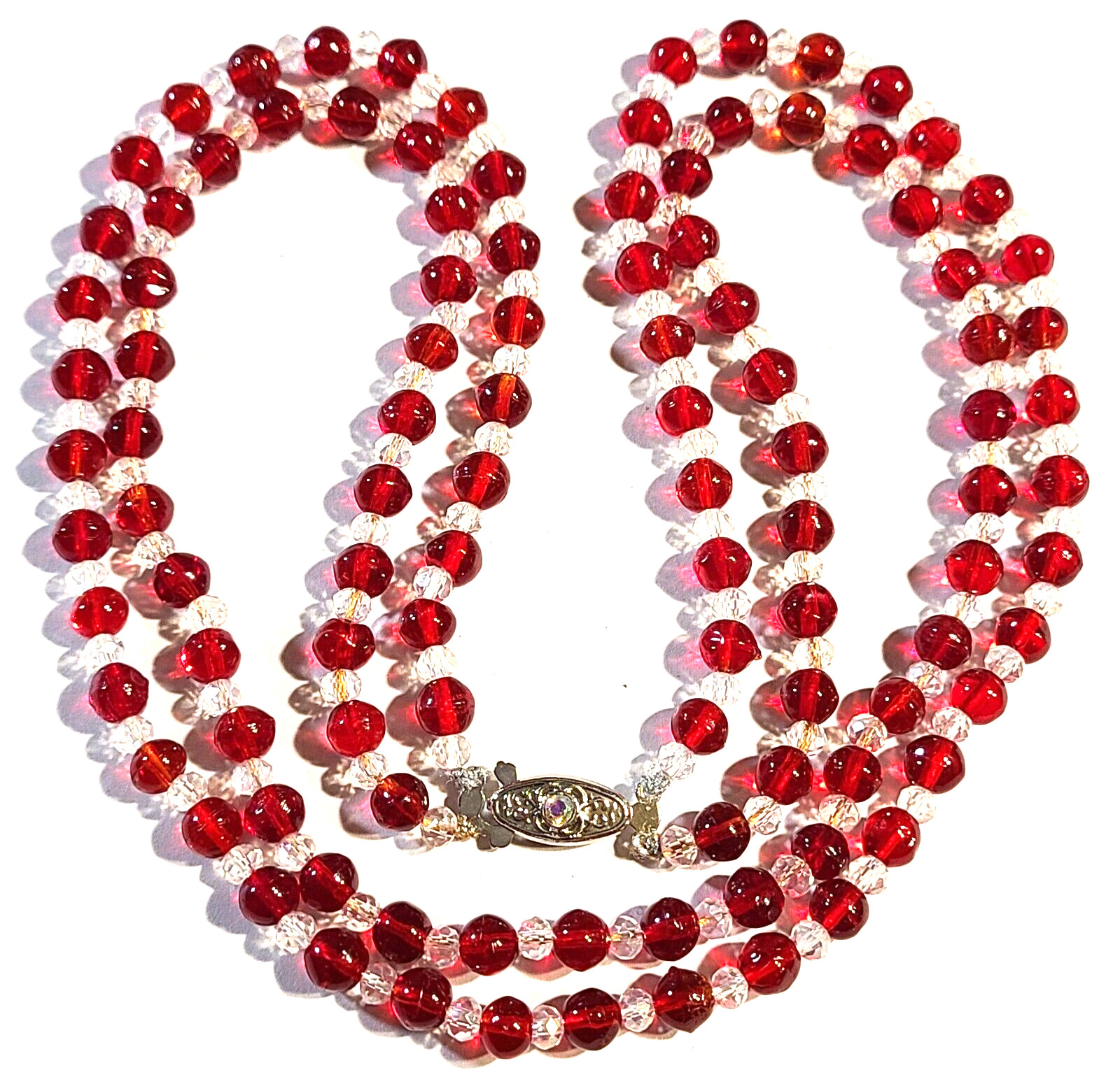 VINTAGE STUNNING SILVER TONE 2 STRAND DARK RED AB GLASS NECKLACE