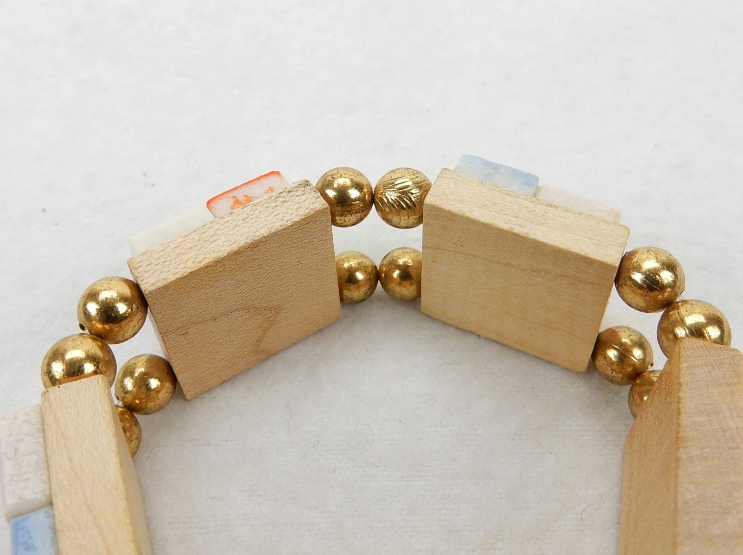 Vintage Costume Jewelry, Wood and Ceramic Tile Retro Bracelet, UNIQUE BCLT-11