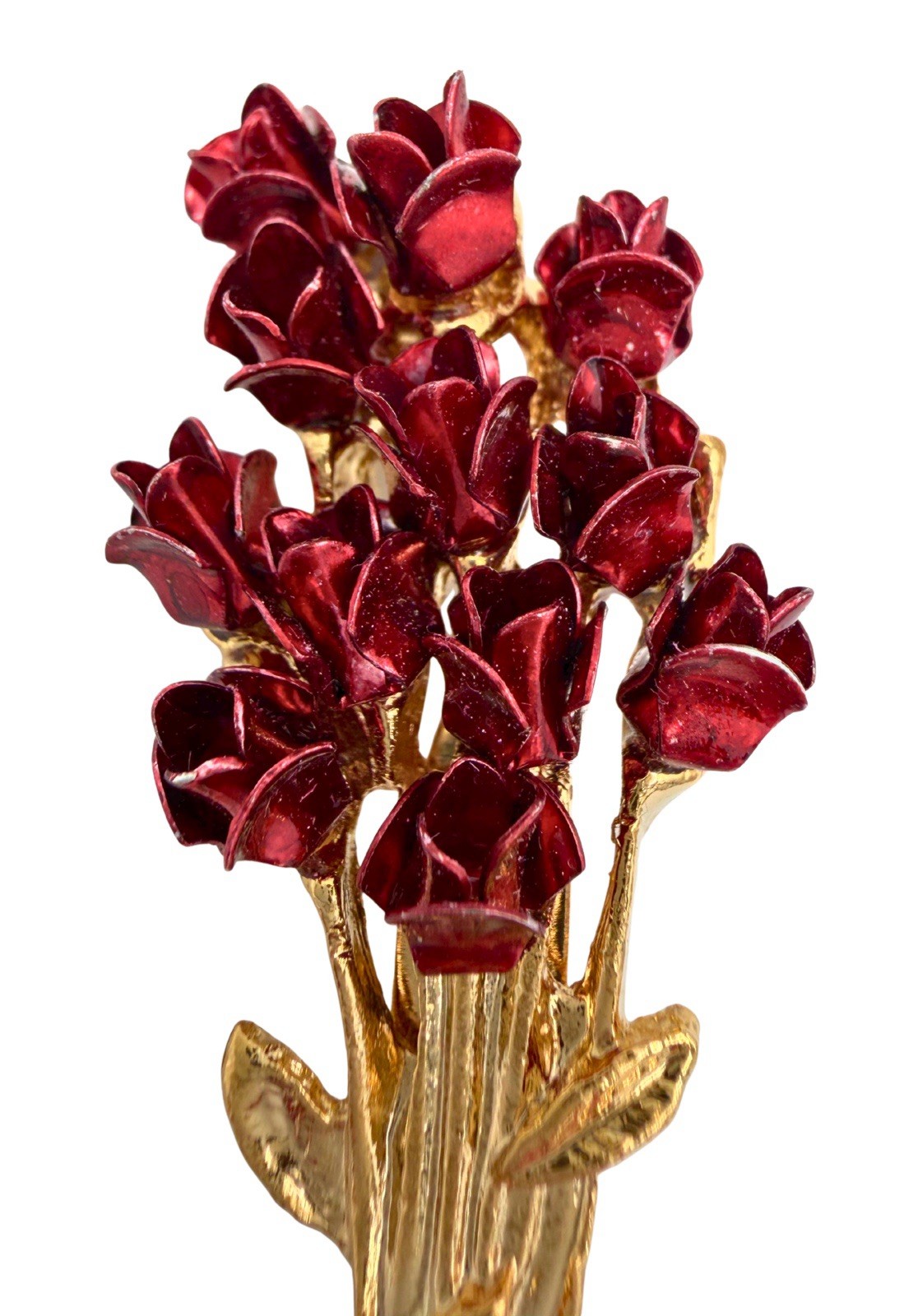 Vintage Dozen Red Rose Bouquet Red Gold Tone Metal Lapel Pin Brooch Valentines
