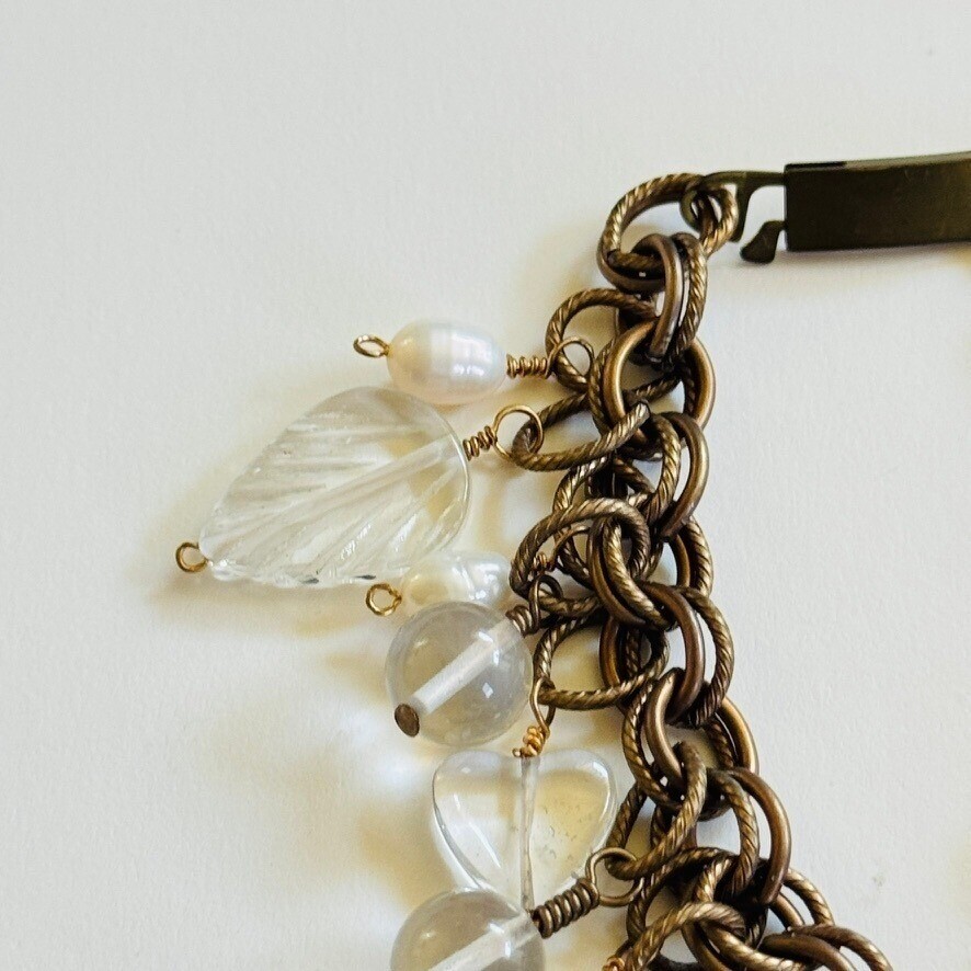 VTG charm Bracelet FreshWater Baroque Pearl glass leaf heart Beaded dangle brass