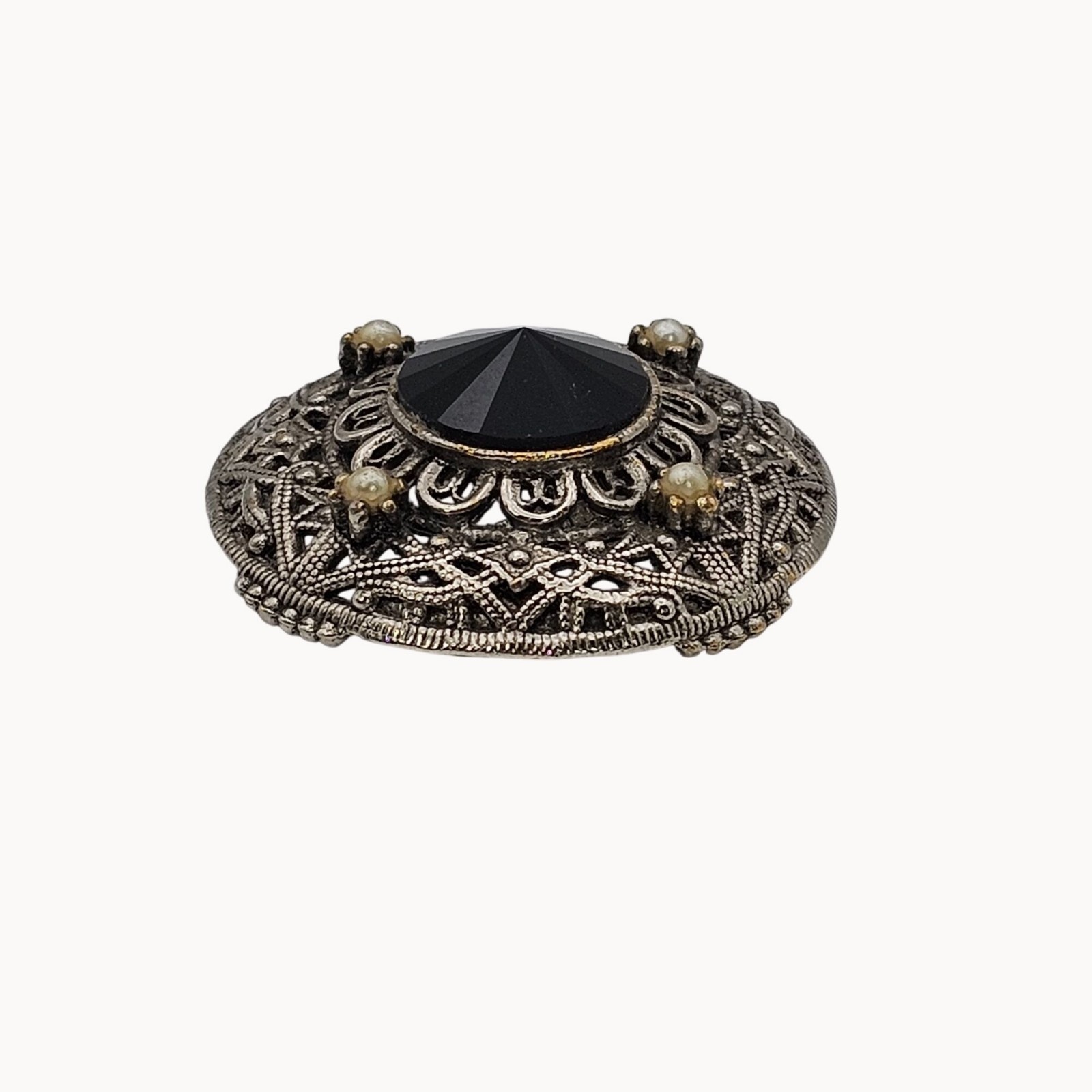 Vtg Tacoa Black Rivoli Filigree Brooch Silver Tone Victorian Revival Gothic Pin