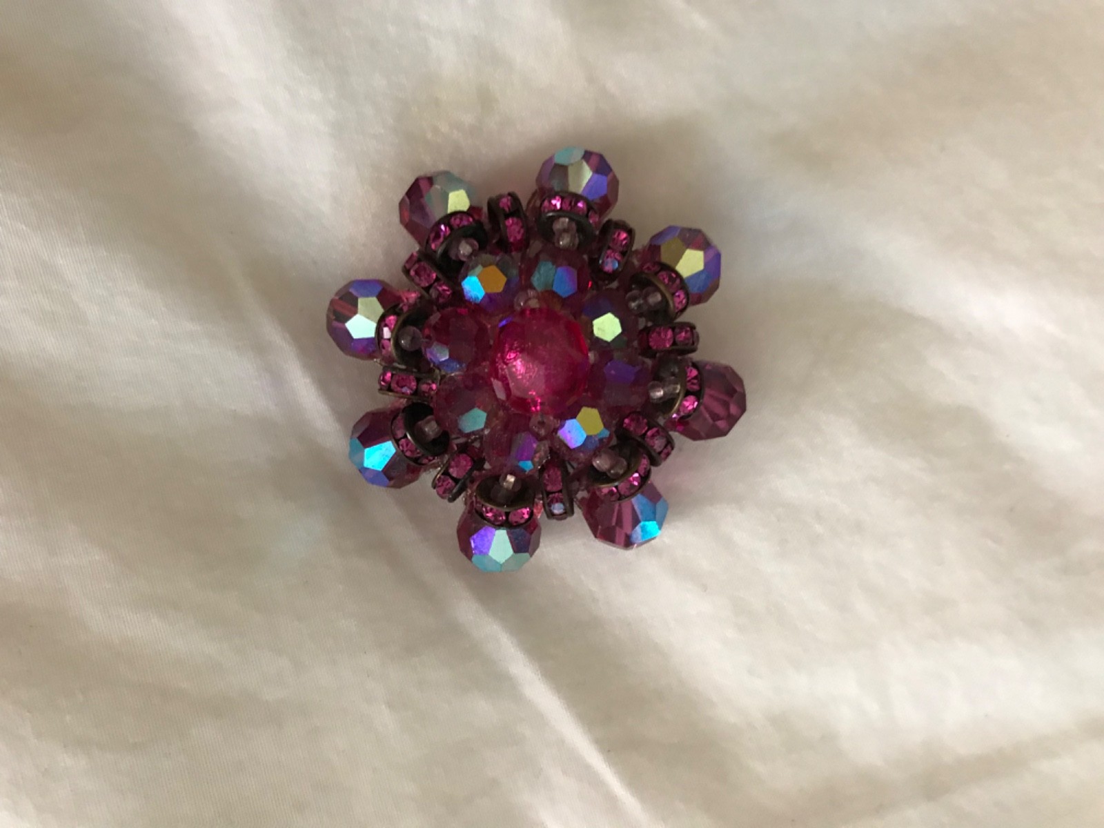 Vintage AB Red Beaded Brooch Silver Tone