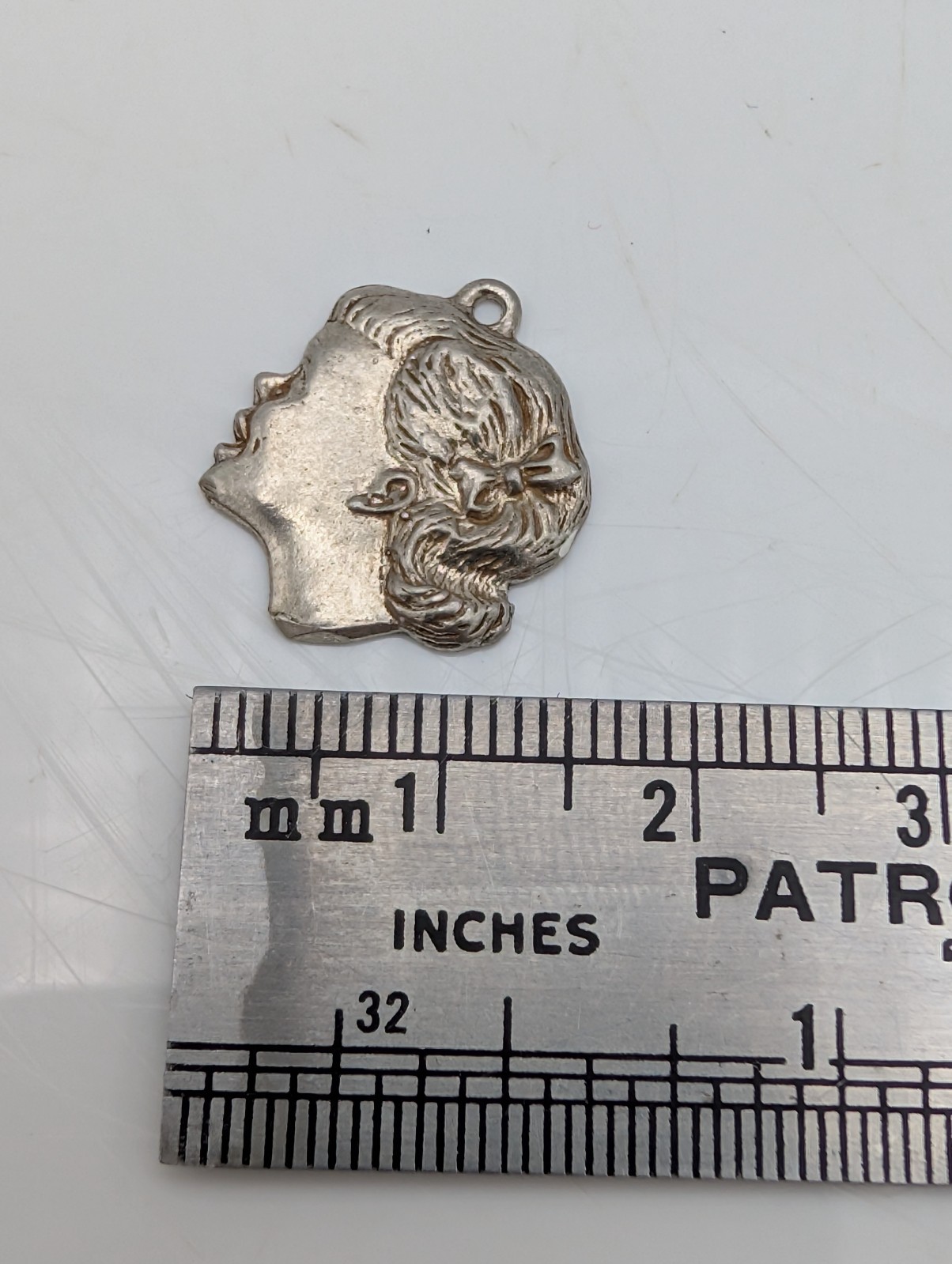 Vintage Silver Art Nouveau Portrait Charm 18mm Young Woman Profile, Hair Relief