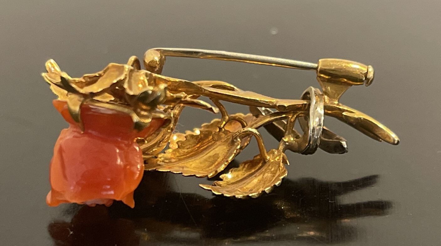 18K Solid Yellow White Gold Viennese Coral Carved Rose 1.75” Long 10.43g