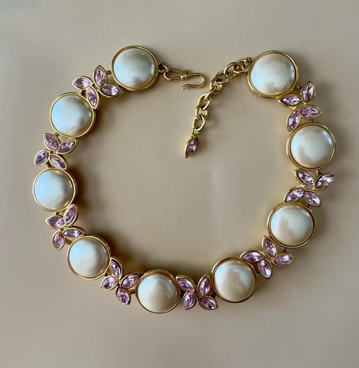 Vintage Monet Runway Necklace Faux Pearls Pink Crystal Gold Tone Statement