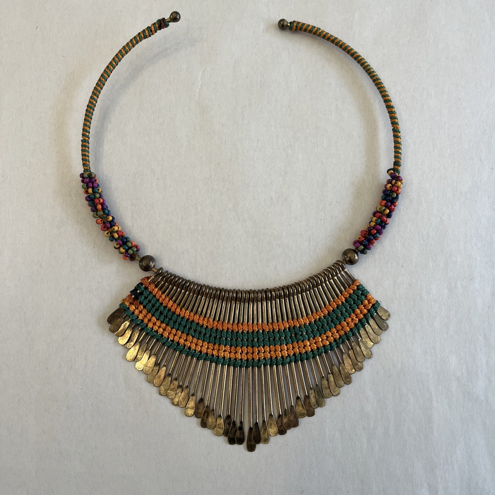 Vintage Fringe Statement Necklace Collar Bib Choker Beaded Bright Colors Patina