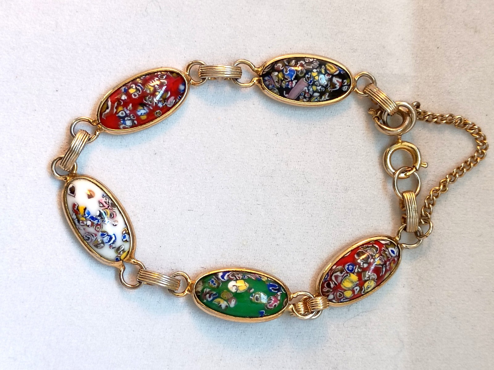 Vintage multi color enamel cabochon bracelet with lobster clasp safety chain
