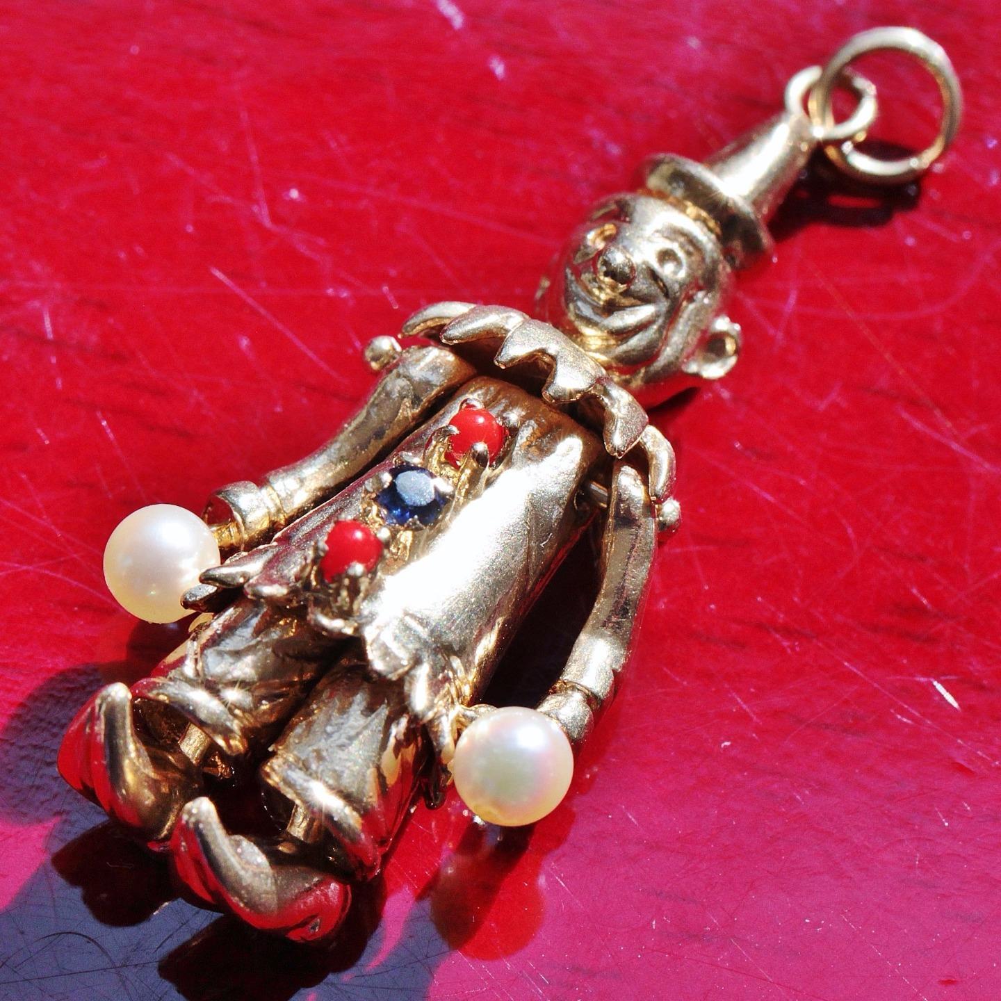 14k yellow gold 3.5mm cultured pearl sapphire 3D movable clown pendant heated 8g