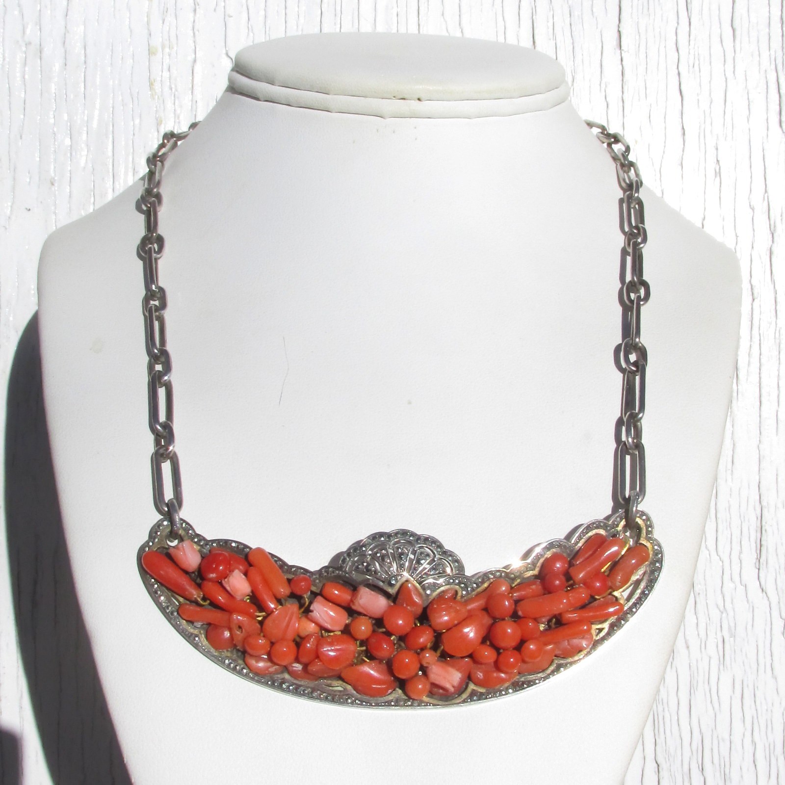 Antique Natural Coral, Marcasite and Sterling Silver Necklace Victorian 1890s