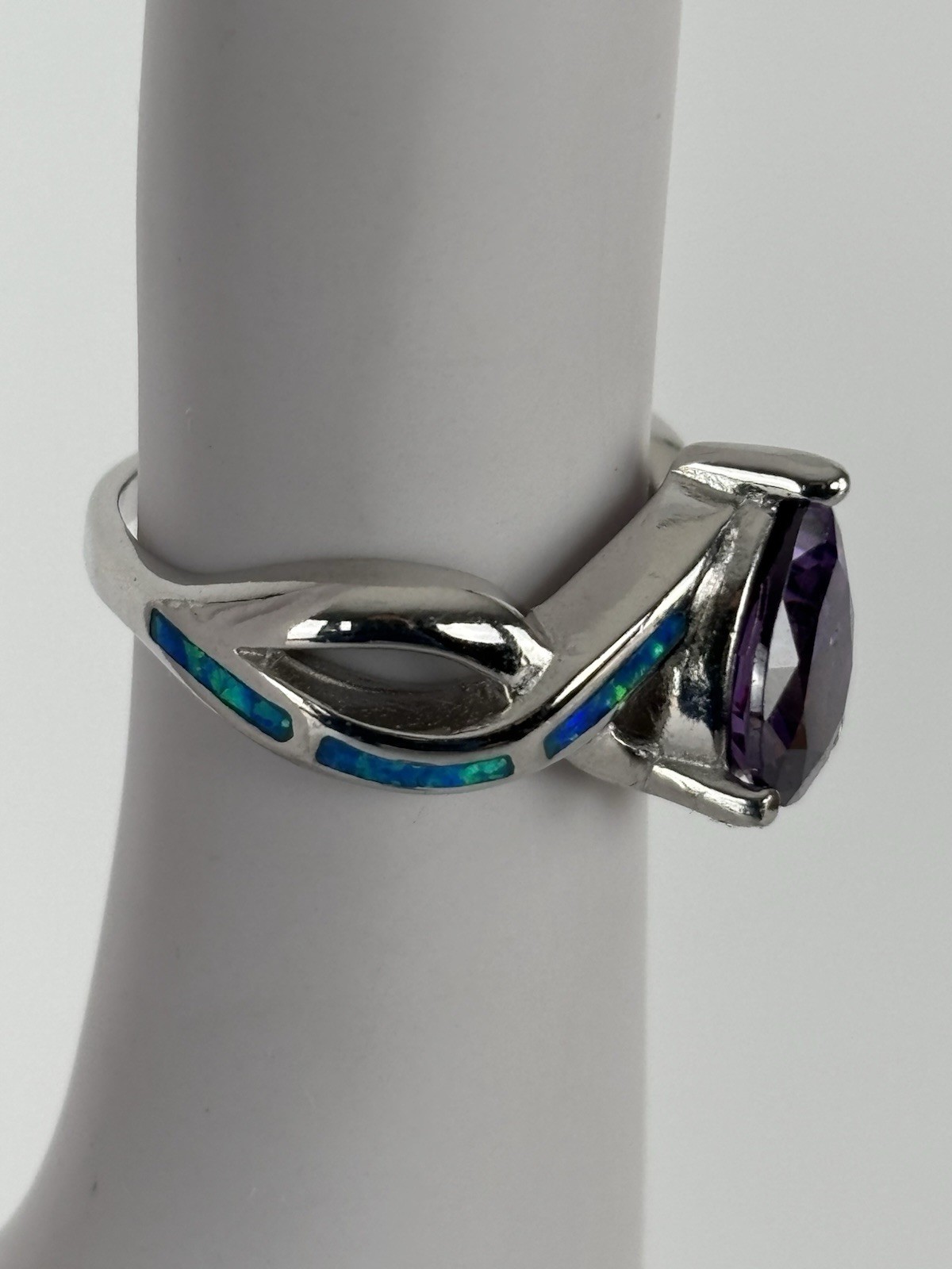 Sterling Silver Teardrop Amethyst & Blue Opal Set Ring Size 8