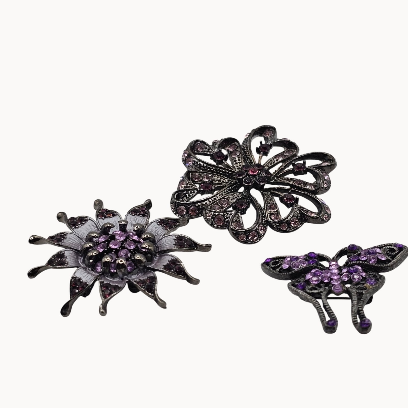 Rhinestone Floral Butterfly Brooch Pin Set 3pc Purple Pink Gunmetal Whimsigoth