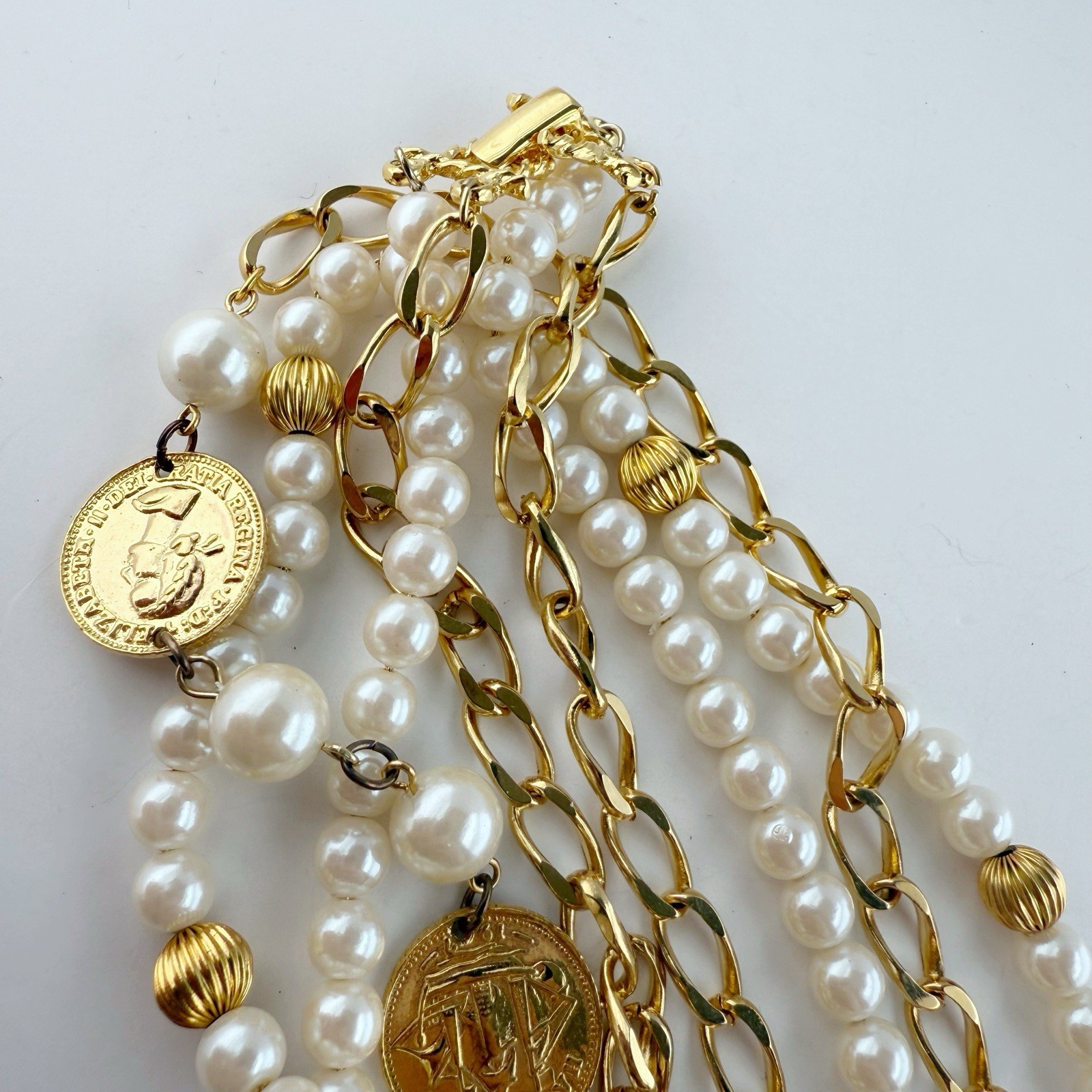 Vintage Marvella Double Strand Faux Pearl Coin Chain Link Goldtone Necklace 30”