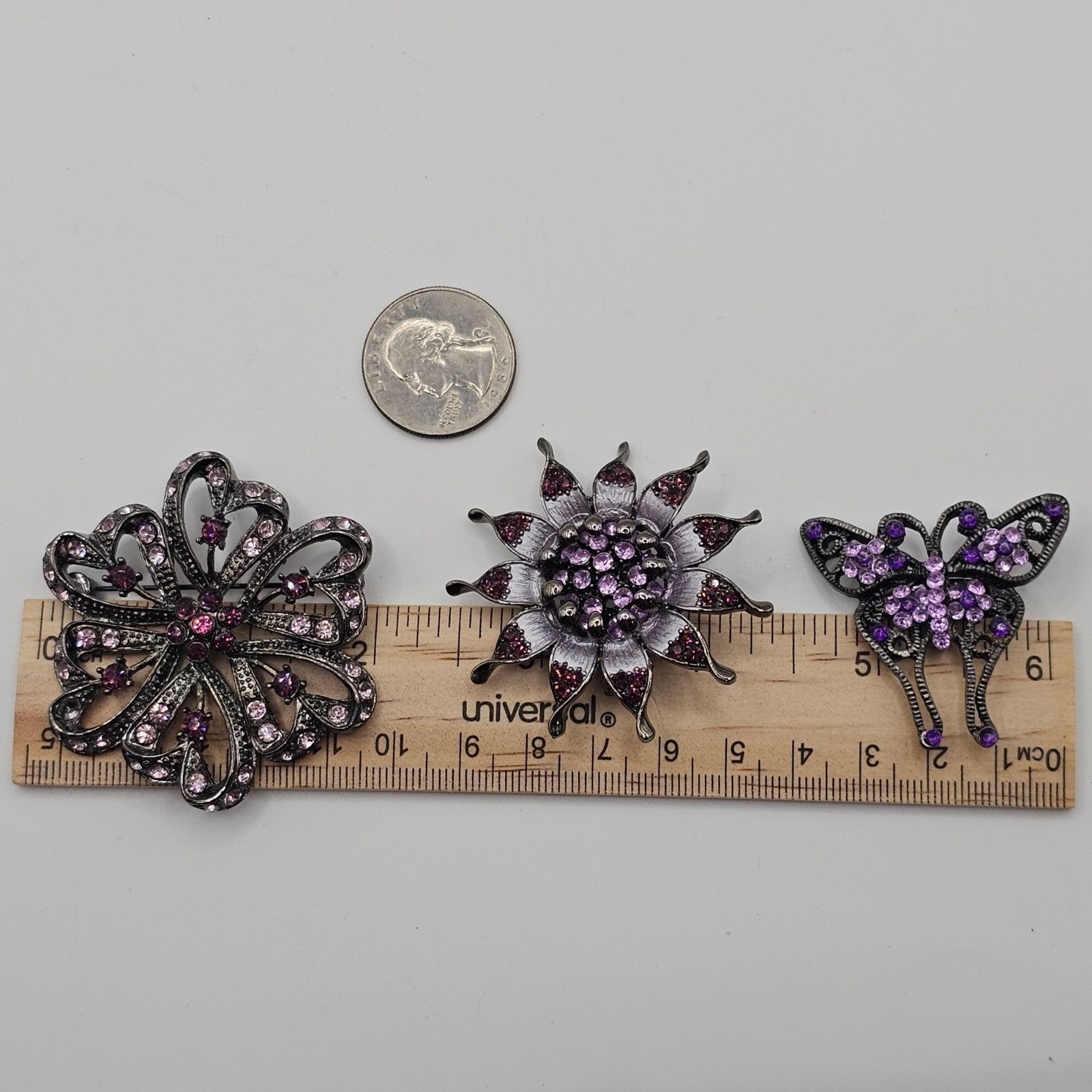 Rhinestone Floral Butterfly Brooch Pin Set 3pc Purple Pink Gunmetal Whimsigoth