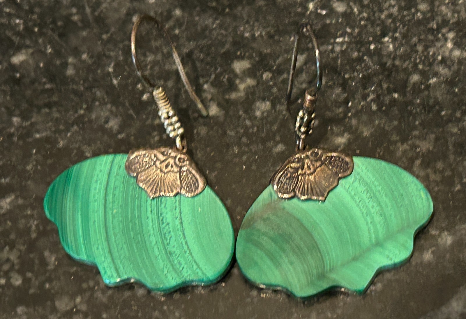 Vintage Malachite and Sterling Silver Drop Dangle Pierced Ear Hook Earrings