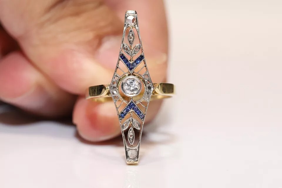 Antique Circa 1920s Art Deco 14k Gold Finish Lab Created Diamond Navette Ring
