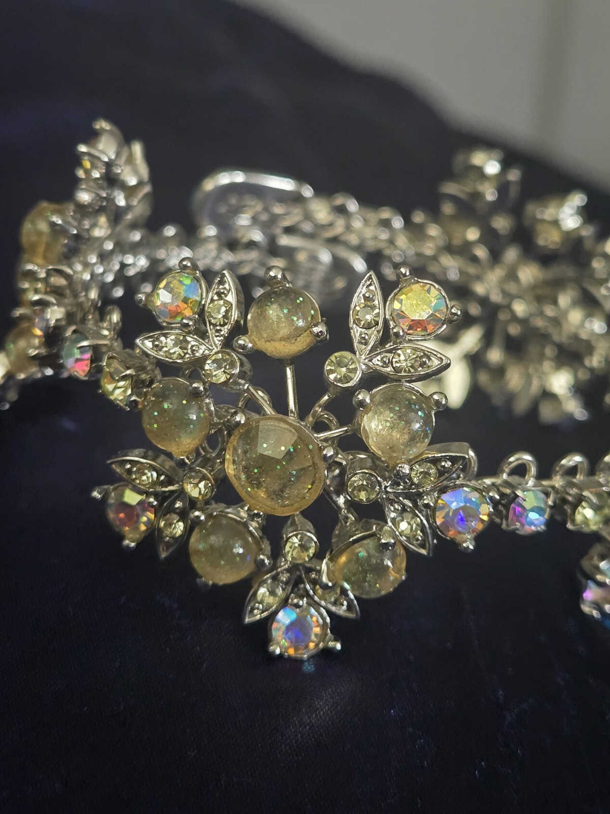 Vintage Tiara Misu Floral Cluster Link Bracelet Silver Tone AB Rhinestones