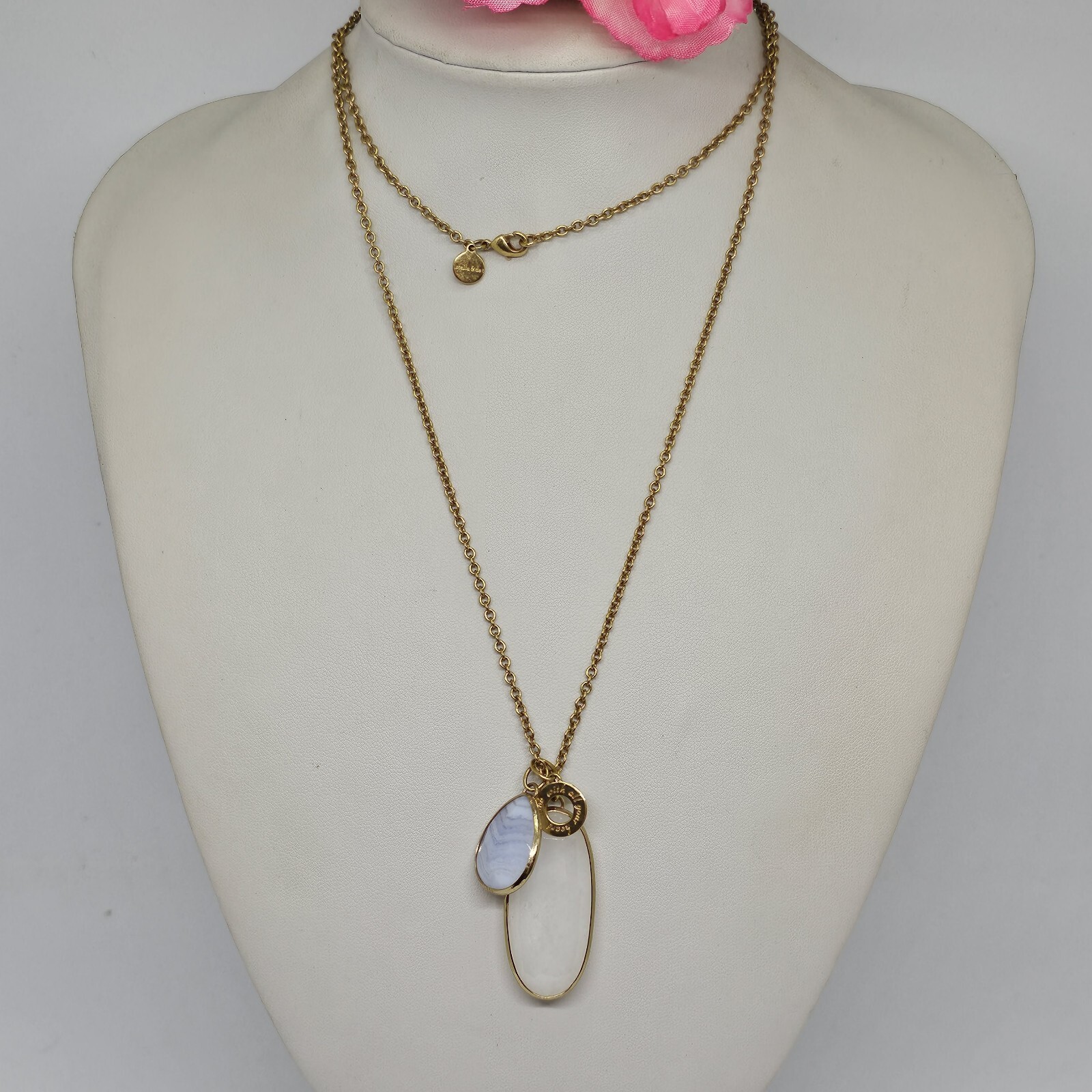 STELLA & DOT Gold Pink Blue Agate stone Charm Pendant Chain Necklace