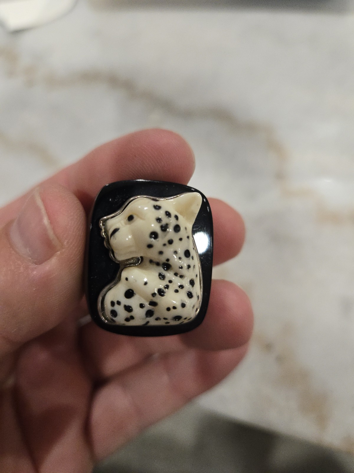 Vintage Amy Kahn Russell Style Sterling Celluloid Leopard Statement Ring
