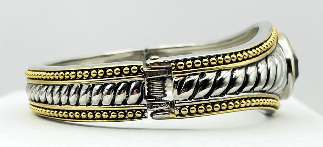 Vintage Silver and Gold Tone Hinged Bangle Bracelet Black Faceted Acrylic Stone
