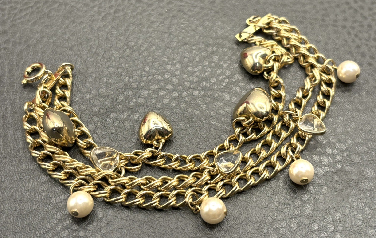 Puffy Heart Faux Pearl Station 3 Chain Link Charm Bracelet Spring Ring Closure