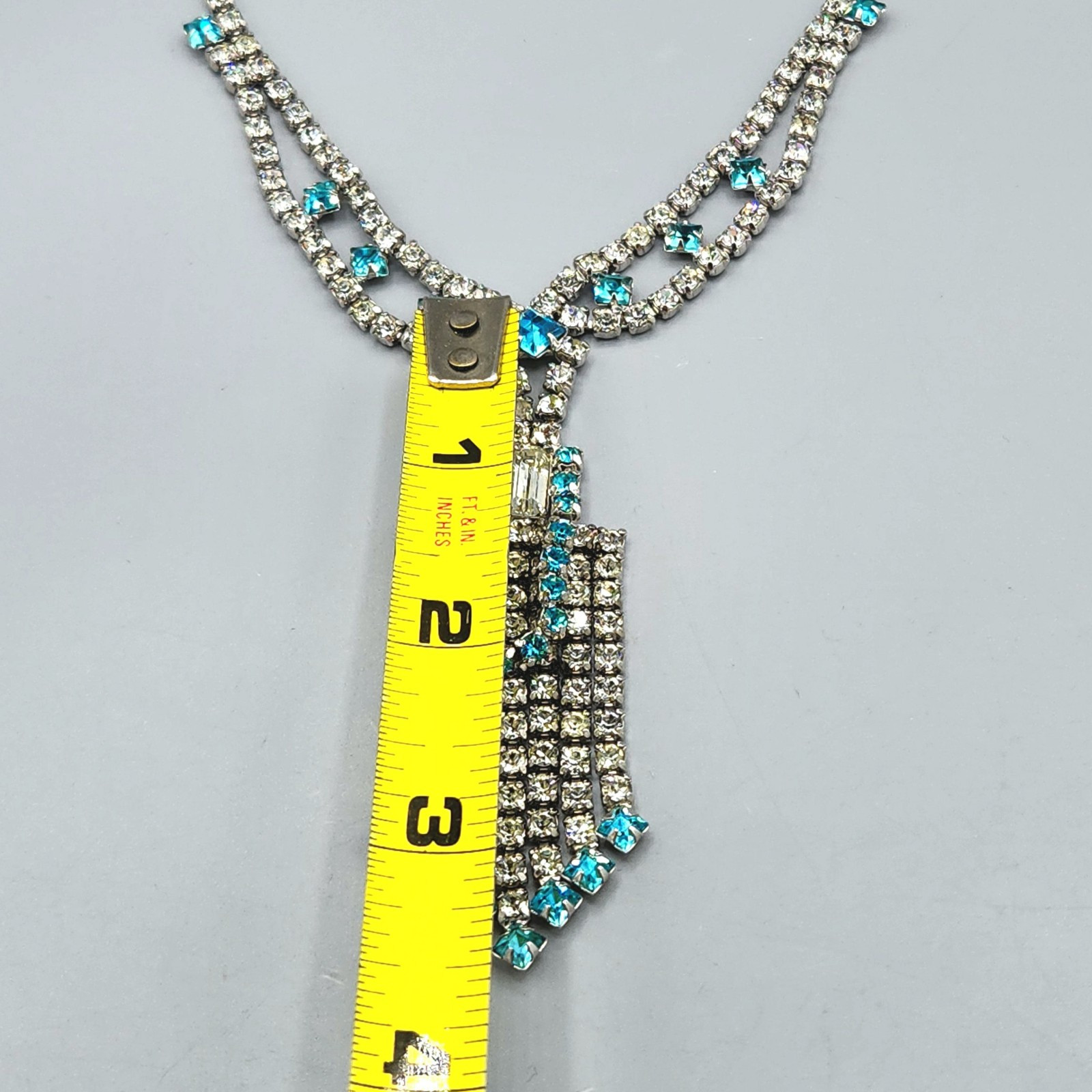 Retro Aqua Light Blue Square Rhinestone Crystal Lavalier Drippy Necklace 16″