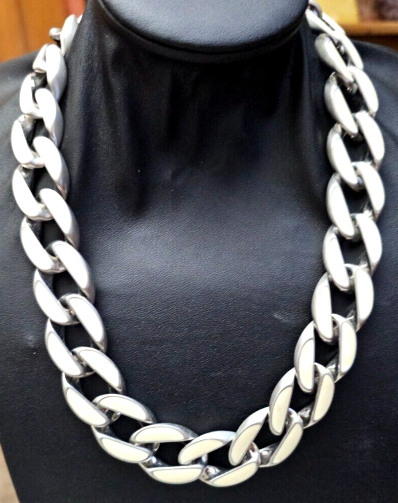 Vintage Silver tone White Enamel 3/4″ Wide link Necklace 19″