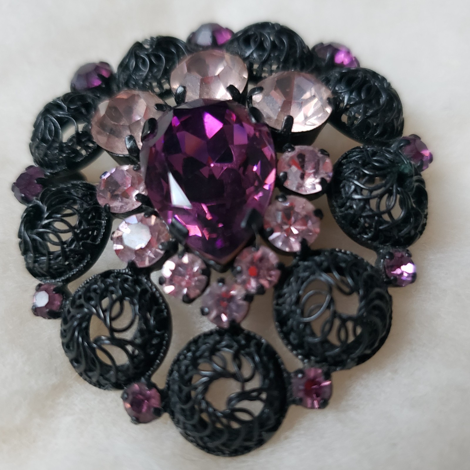 Vtg Filigree Brooch Purple Teardrop Stone Pink Mid-Century Japanned Gunmetal