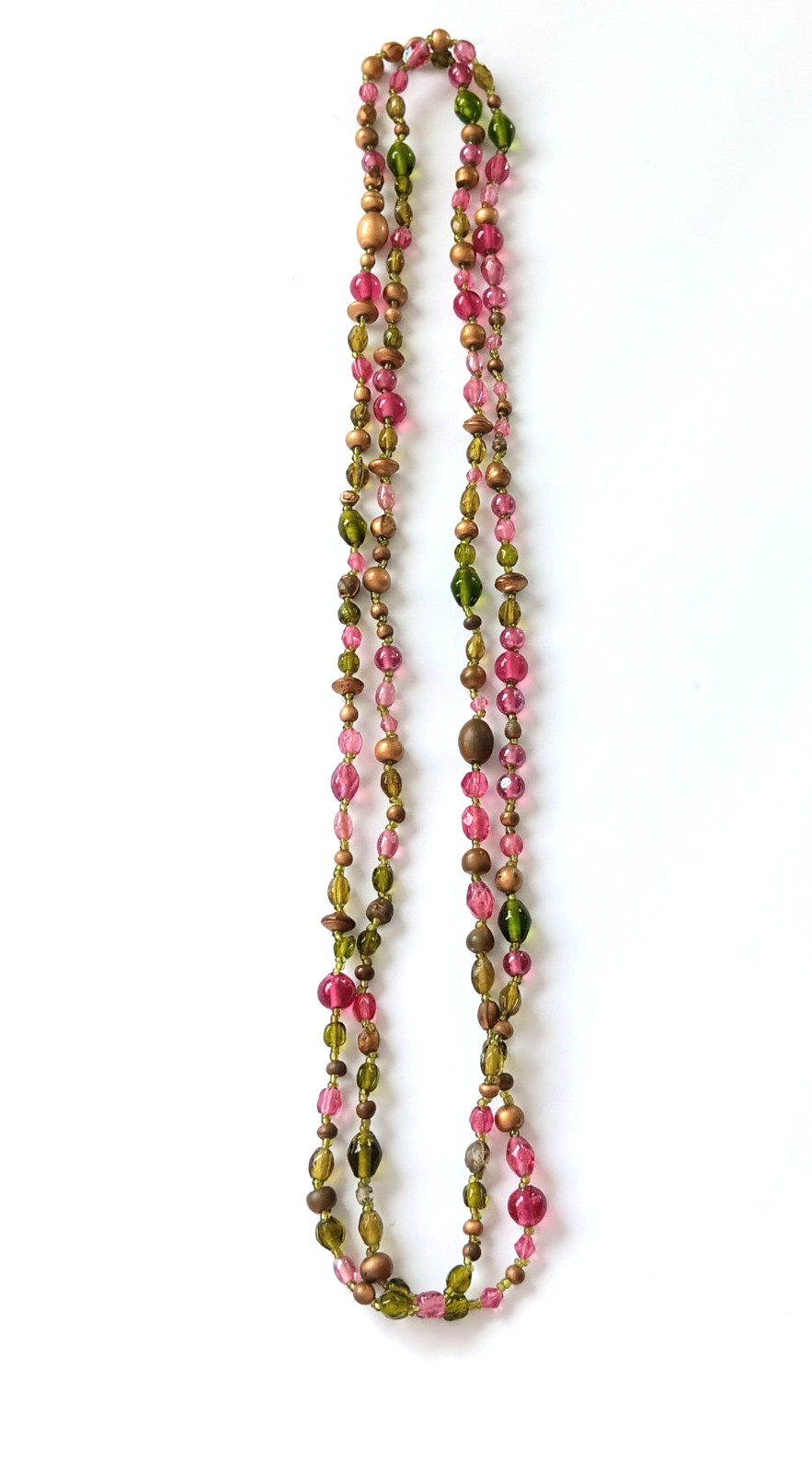 Gold Tone Pink and Green Beaded Necklace. Very Nice