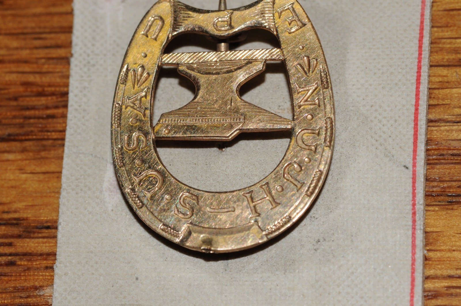 Horseshoe Anvil N.U.J.H.-S. U.S.A. EPU Pin 1905 Gold Filled Salesman Sample old*