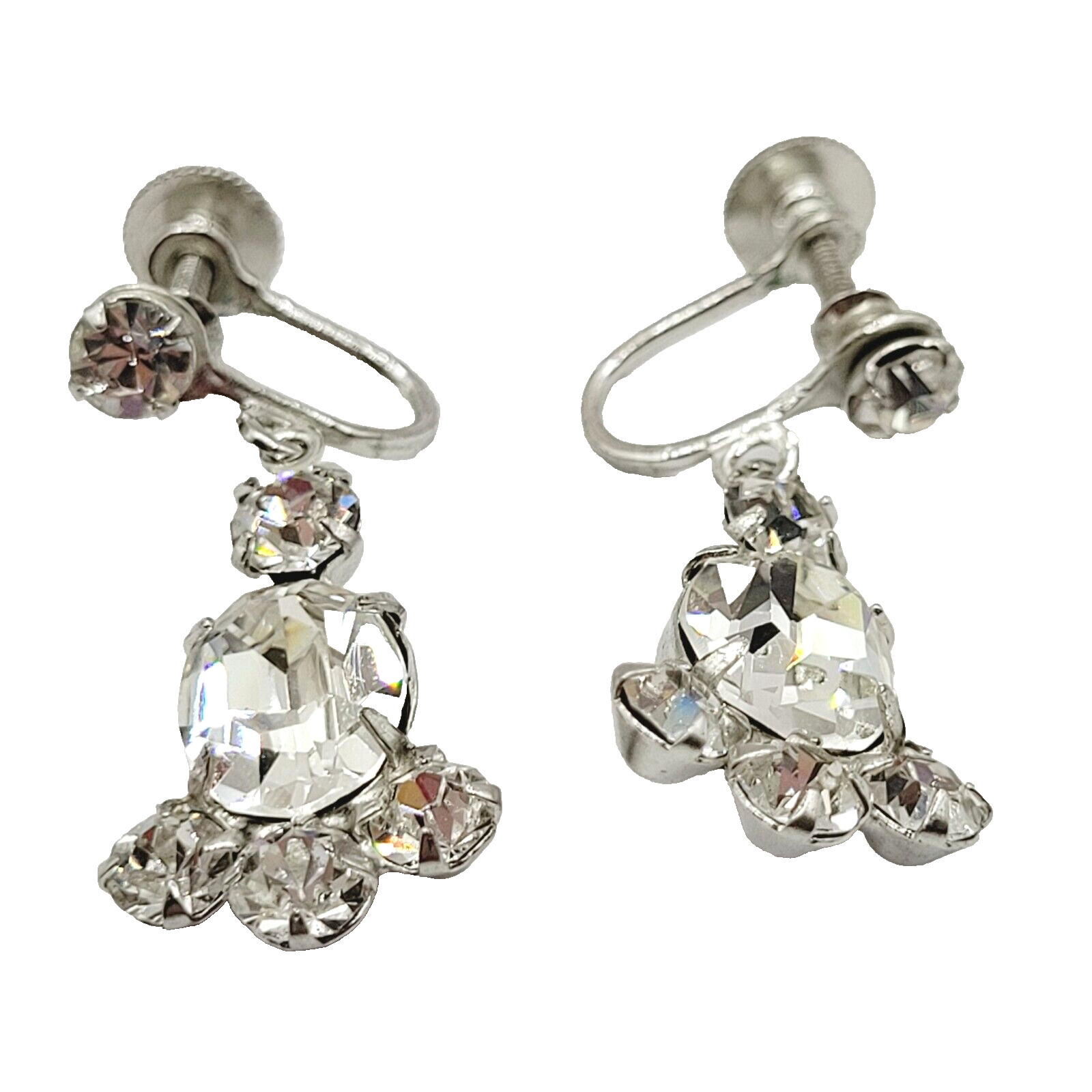 Crystal Rhinestone Cluster Silver Tone Drop Dangle Screw Back Vintage Earrings