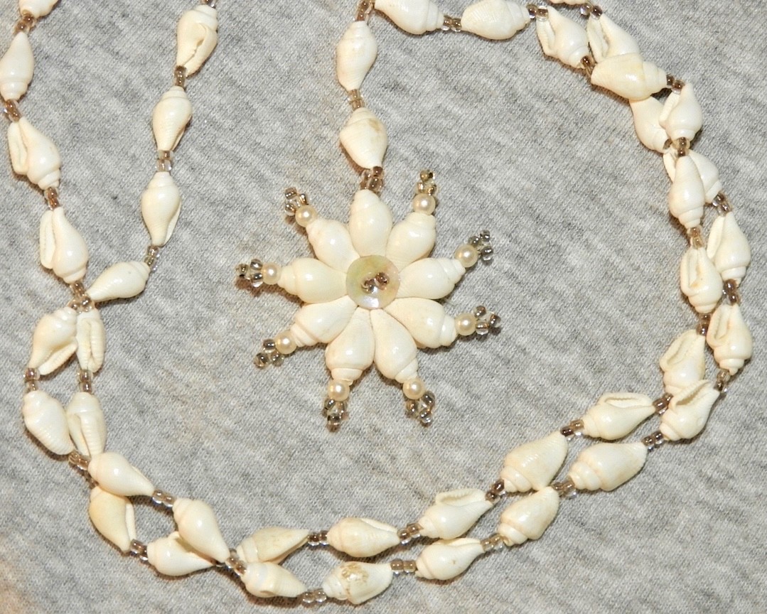 Vintage Shell Necklace Long Handmade with Beads and White Conch Pendant