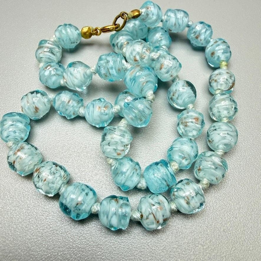 VTG Light Blue Venetian Glass Bead Necklace 16″ Gold Flecks Aventurine Choker