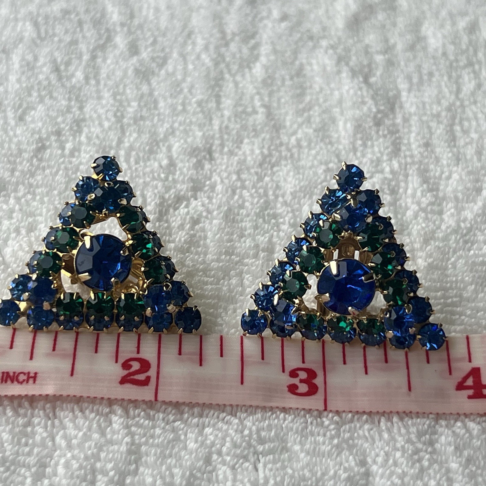 Vivid & Fancy Blue Green Rhinestones Clip On Earrings In Triangles