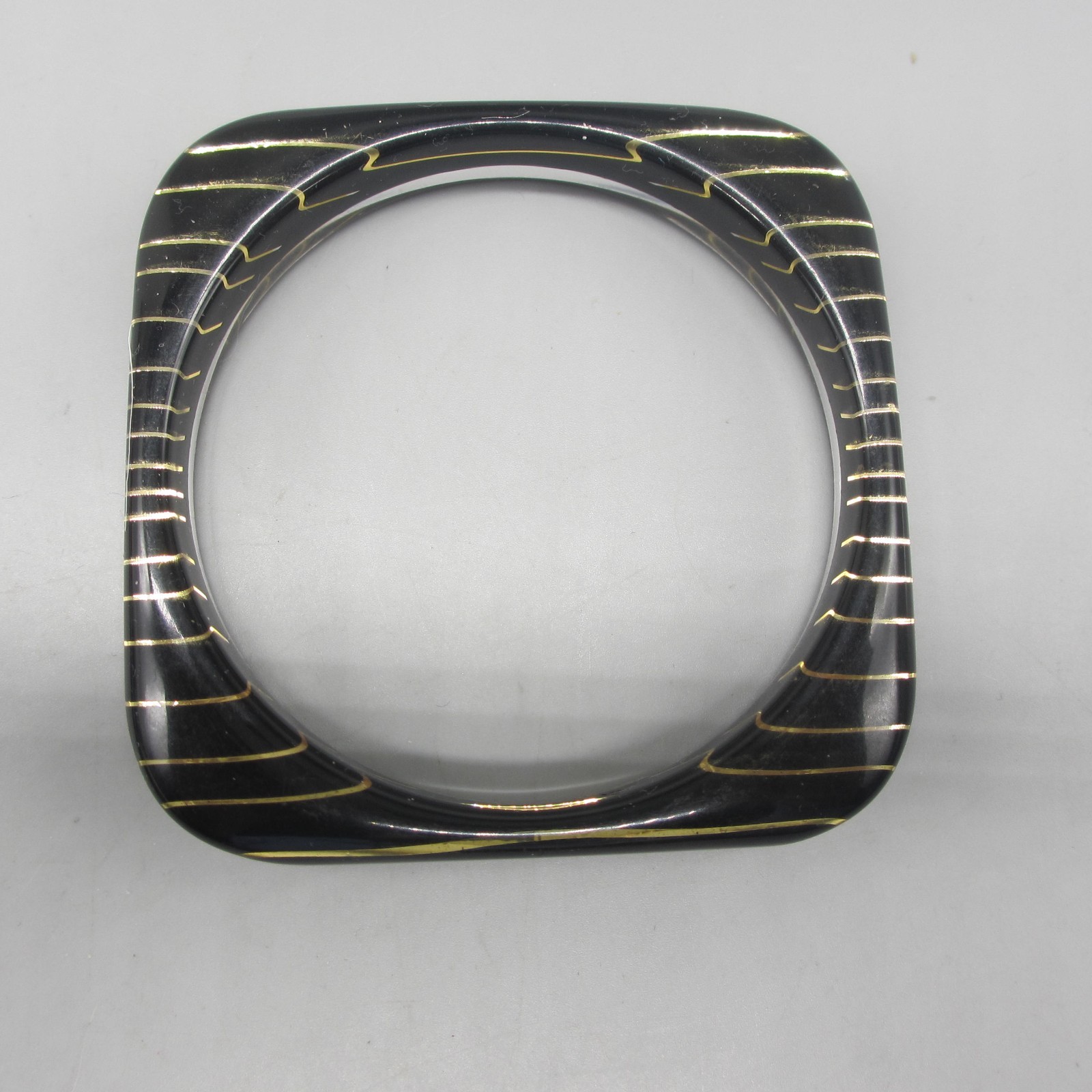 Vintage Lucite Bracelet Bangle Black Clear Golden Stripes Rounded Square