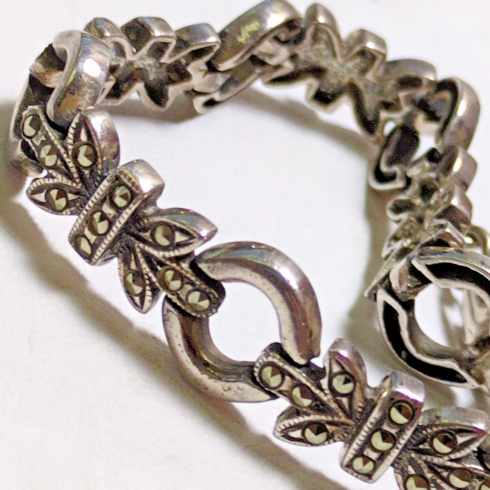Gothic Art Deco Style Sterling Silver Marcasite Ornate Link Bracelet 8″