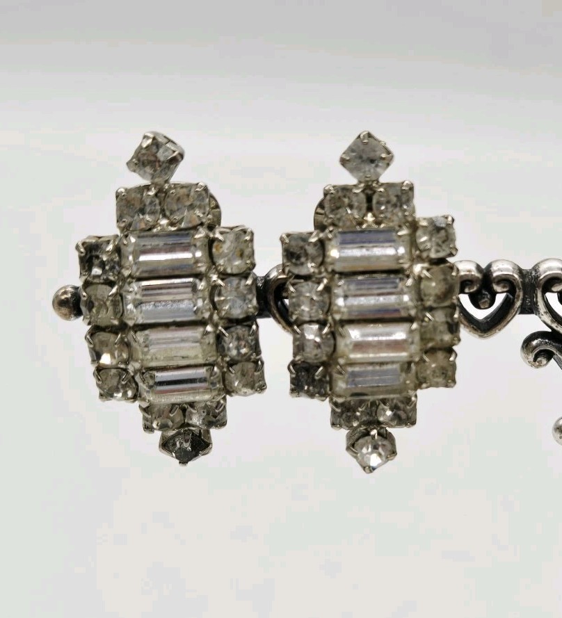 Victorian Crystal Earring Silver Tone Clip on Adorable Wedding Bridal 1.5 in #2