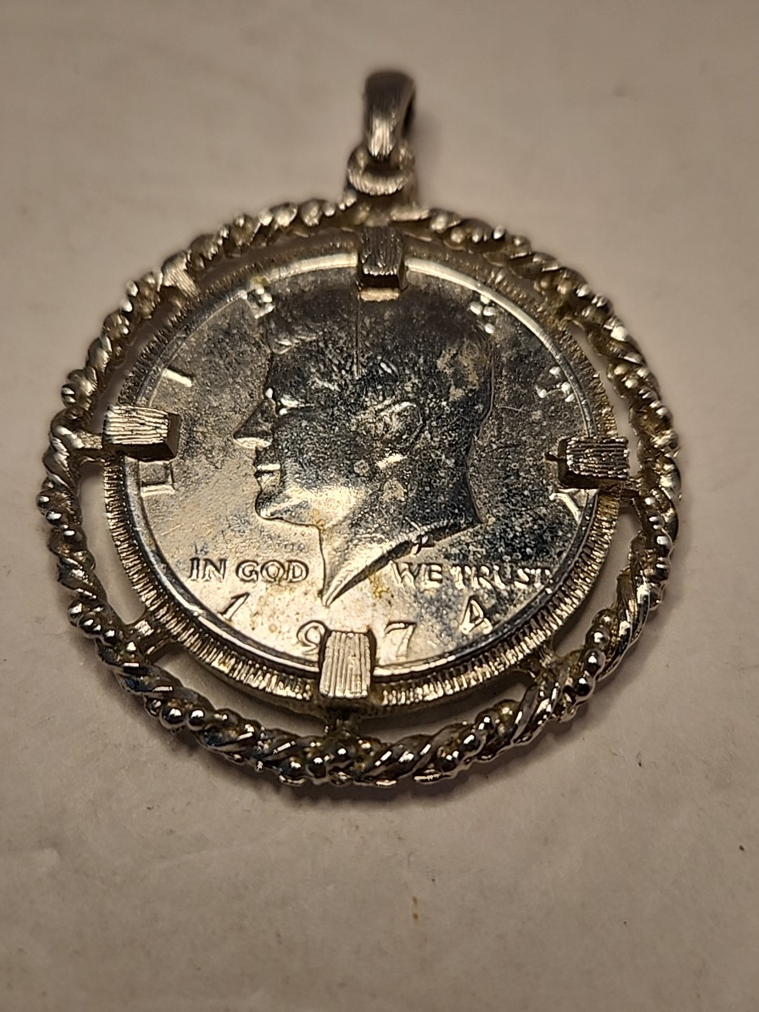 Vintage 1974 KENNEDY LIBERTY COIN Half Dollar Pendant ~ Signed Revere MFG.
